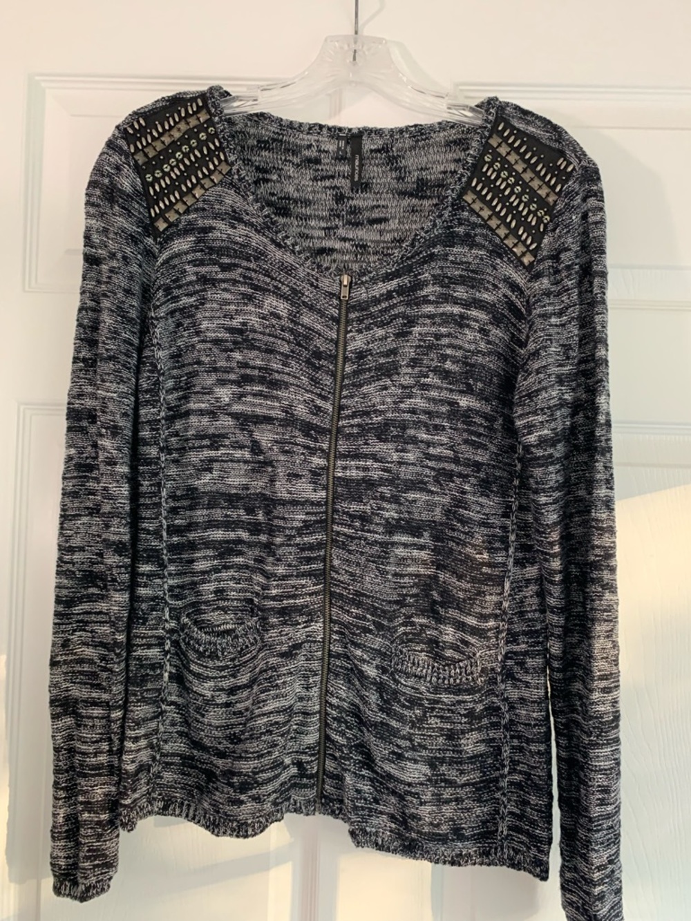 Maurices Studded Shoulder Full Zip Space Dye Knit Cardigan Sweater Black White L